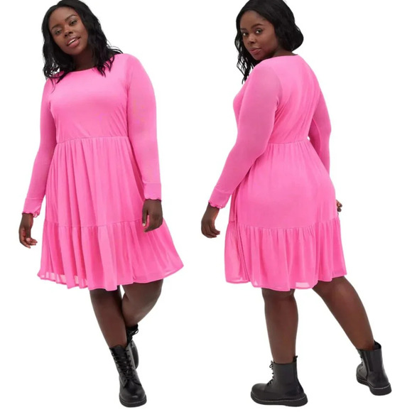 Torrid Ruffle Tiered Mini Dress Women's 3 Hot Pink Mesh Neon Sheer Going Out - Picture 1 of 14